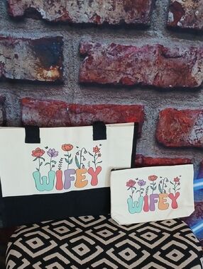 Wifey Floral Canvas Tote and Pouch Set - Cream with Pastel Accents